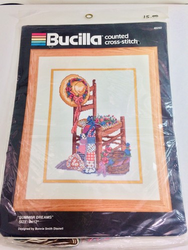 SUMMER DREAMS Counted Cross Stitch Kit WOOD CHAIR QUILT FLOWERS Bucilla VINTAGE - Picture 2 of 8