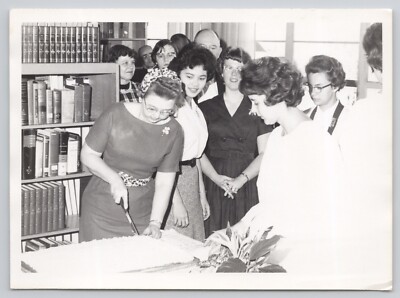 Vintage Photo People at Party in Library Cutting Cake Office Workers? c1960s