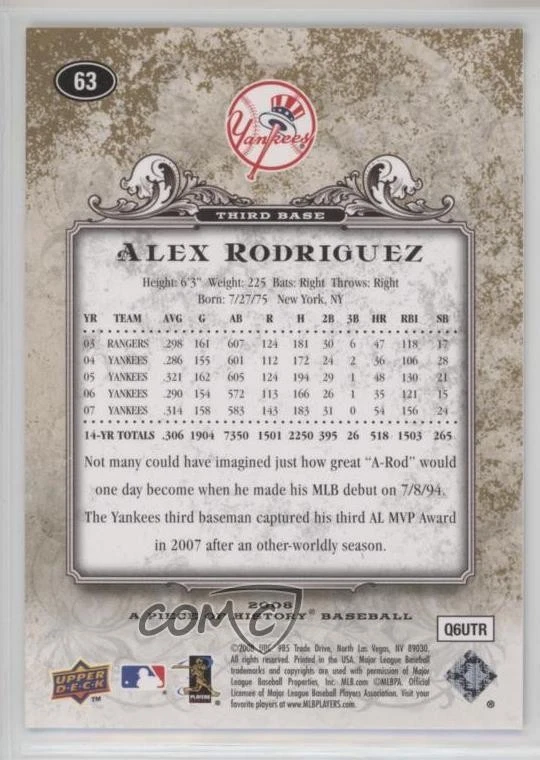 2008 Upper Deck A Piece of History Gold /75 Alex Rodriguez #63 - Image 2 of 2