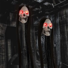 Halloween Glowing Hanging Skull With Long Hair LED Glowing Eyes Skeleton Decor