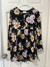 Altard State Dress Womens Large Black Floral Babydoll Long Sleeve Boho Tunic