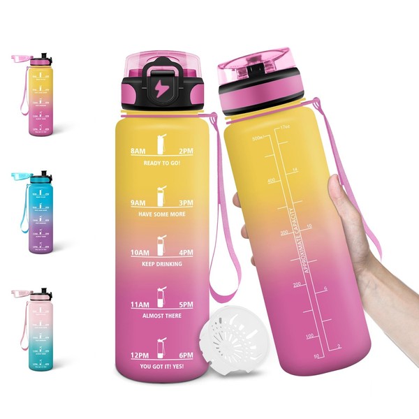 Trinkflasche 500Ml Bpa-Frei Gelb/Rosa, Auslaufsicher Mit Zeitmarkierung,-image