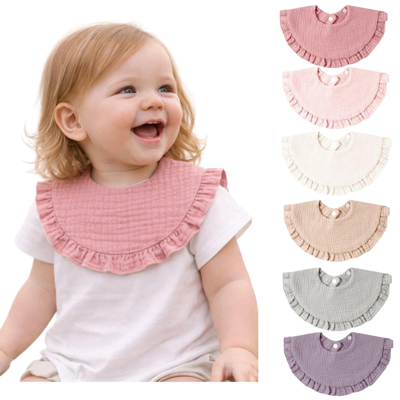 Baby Cotton Muslin Ruffled Bibs-Set of 6 (Soft Tone), Reversible Absorbent Bi...
