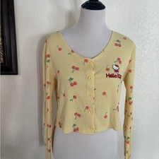 Sanrio Hello Kitty Cardigan Medium Yellow Cherry Print Ribbed Cropped Button Up
