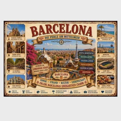 Blechschild Barcelona - Die Perle am Mittelmeer Metallschild TEL5754
