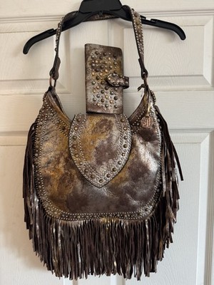 Double J Saddlery western Metallic Leather& fringe  Shoulder Bag & Wallet Set 