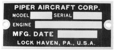 PIPER J-3 Cub Data Plate- Unstamped, Stainless Steel, Vintage Aviation  DPL-0104