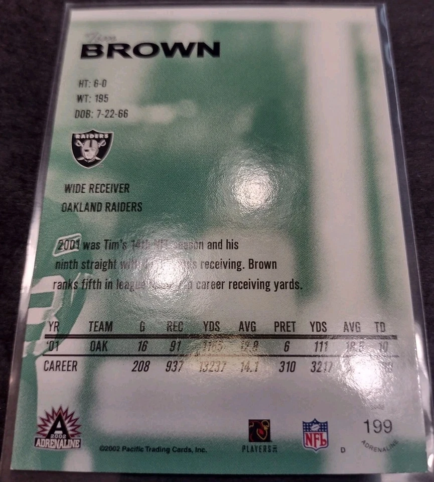 2002 Pacific Adrenaline Red Parallel Tim Brown #199 HOF Oakland Raiders ND Rare - Image 2 of 3