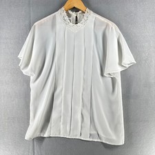 Vintage Womens Pleated Blouse 10 White Christie Jill Crochet Flutter Sleeve