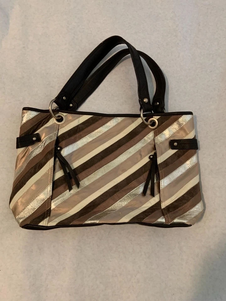 LIZ CLAIBORNE LEATHER/Mixed Fabric Striped Shoulder Handbag Purse LC - Image 2 of 4