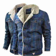 Mens Fleece Lined Winter Warm Jean Coat Trucker Denim Jacket Fur lapel Collar