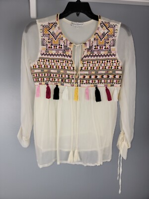 Karina Grimaldi Sheer Viscose Boho Beaded Aztec Women s Medium Blouse W Tassles