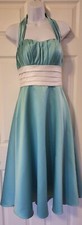 Dress/Bridesmaid Dress/Teal/White/Tea Length/Halter/Size 6 JRS -Bill Levkoff