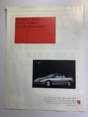 2000 Saturn Three-Door Coupe We Made It Better Sleeker Theme Song Print AD NM