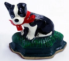 Vintage Hand Painted Cast Iron Boston Terrier Christmas Doorstop with Bowtie