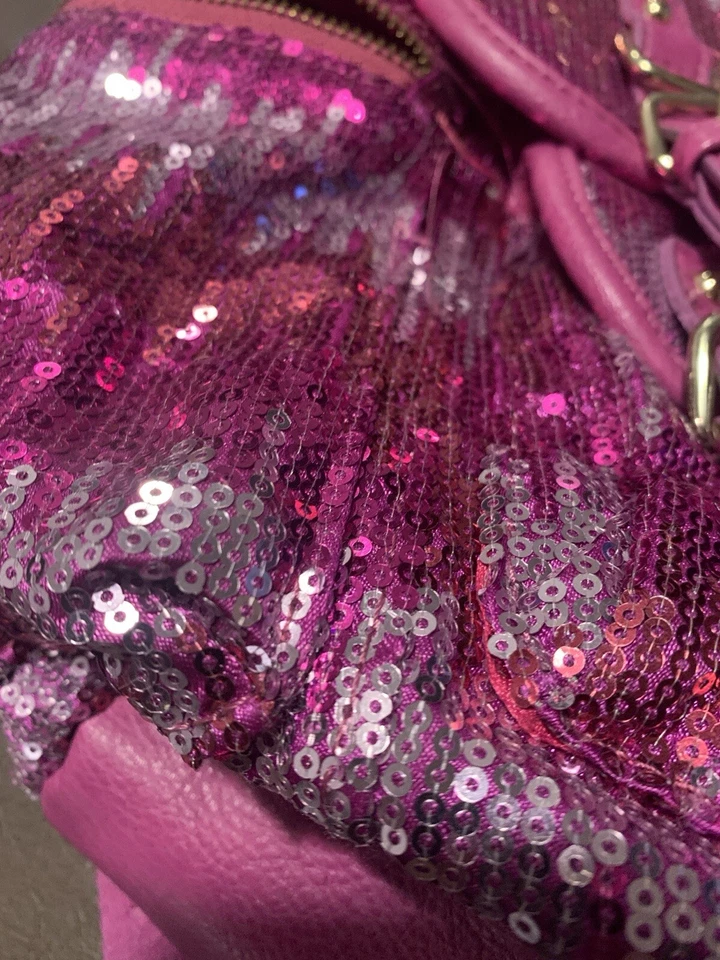 JUICY COUTURE PINK SEQUIN BACKPACK BAG PURSE, GOLD HARDWARE, POCKETS, BUCKLES - Image 2 of 4