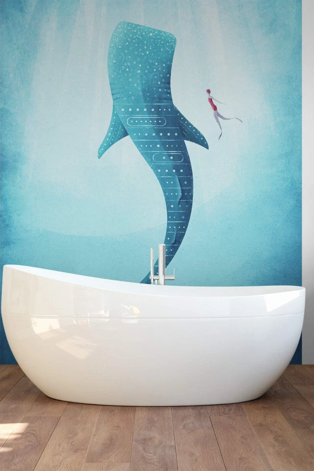 Papel pintado baño azul PREMIUM mural de pared 192x260 cm ballena tiburón arte marino Foto 2 de 4