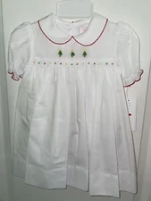 Petit Ami Hand Embroidered Baby Smocked Dress White Christmas Trees 24 Mos. NEW!