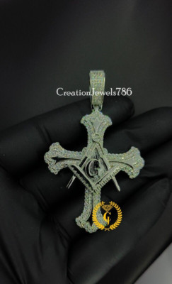 Masonic Freemason G Compass & Orthodox Style Cross Pendant Moissanite 925 Silver