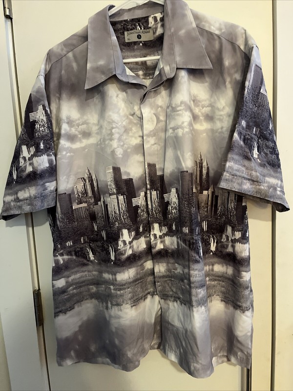 Cool Jonathan Adams City Print Shirt  XL Relaxed Fit Grey Highrise Button