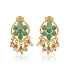 Green Onyx, Pearl Beads Gemstone 925 Silver Wedding Design Earrings Jewelry