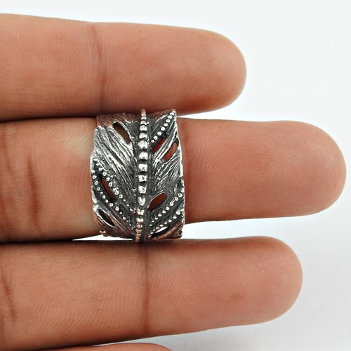 Engraved Leaf Ring Solid 925 Sterling Oxidized Silver Trendy Handmade Jewelry - Picture 3 of 6