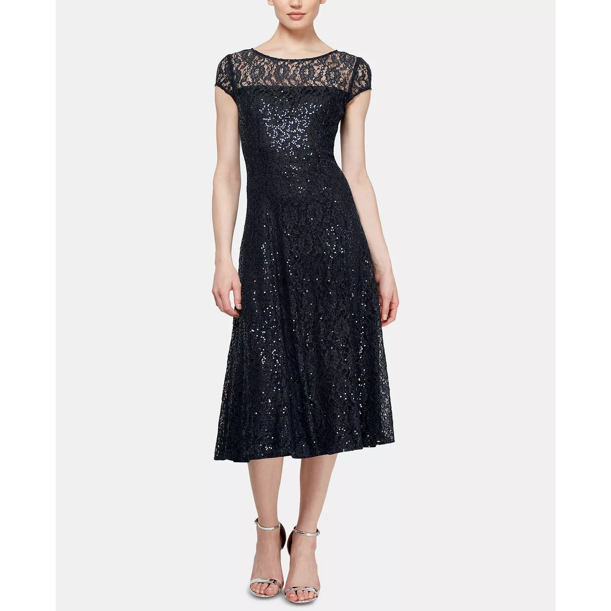 SL FASHIONS Sequined Lace Midi Dress | BLACK | 10 SL FASHIONS Sequined Lace Midi Dress | BLACK | 10