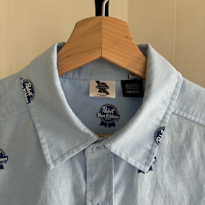 PBR Pabst Blue Ribbon Beer Allover Button Up Short Sleeve Shirt Mens Small *NOTE