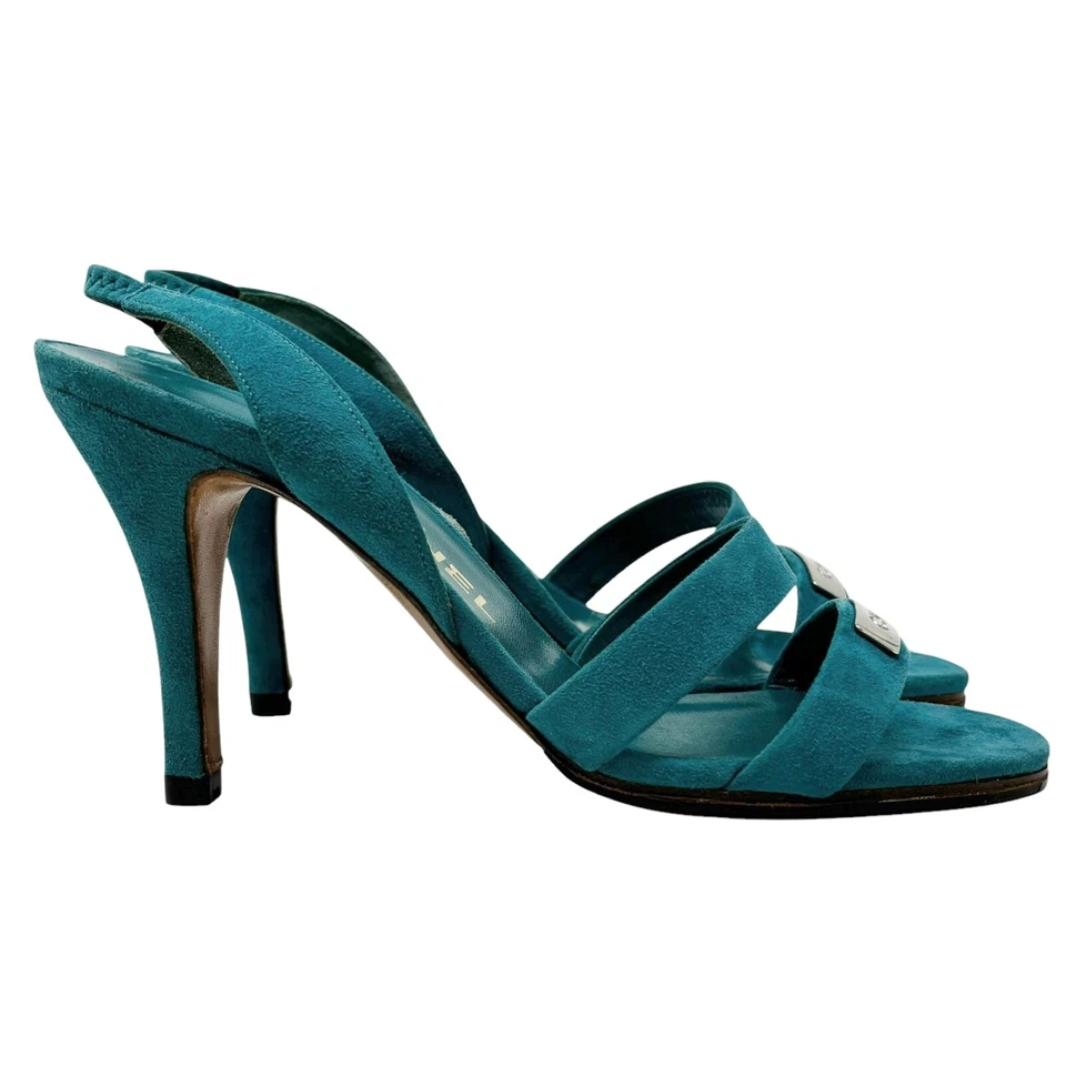 CHANEL Vintage CC Logo Open Toe Sandals Heels #36 Blue Silver Suede - Image 3 of 4
