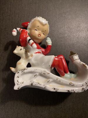 RARE VINTAGE UCAGCO CERAMIC FIGURE PIXIE ELF ON SLED W KITTY CAT & CANDY CANE