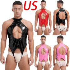 Mens Bodysuit Stage Performance Jumpsuit Wet Look Leotard Nightclub Catsuit