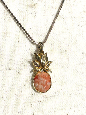 Coral Chip Gold Tone Pineapple Pendant 17'' Necklace