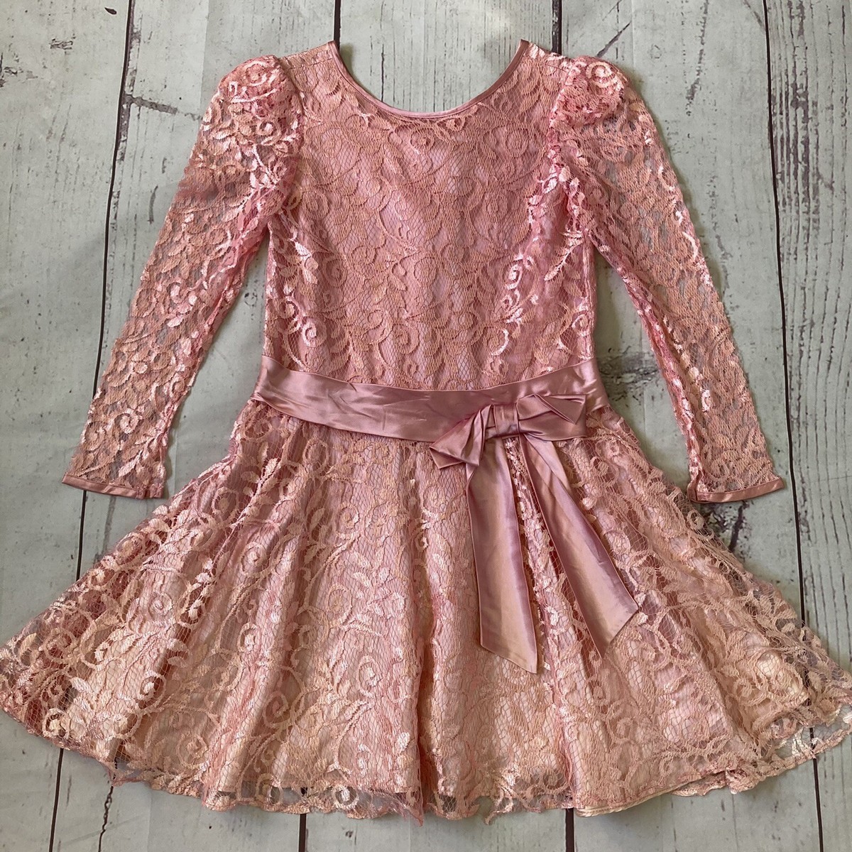 Vintage JCPenney Girls Dress Sz 7 Shiny Pink Satin Lace Long Sleeve USA  Flaws