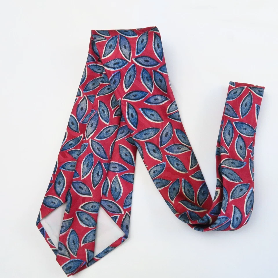 Corbata estilo seda italiana vintage rojo azul motivo hoja geométrica clase 54"x3,5" Foto 4 de 4
