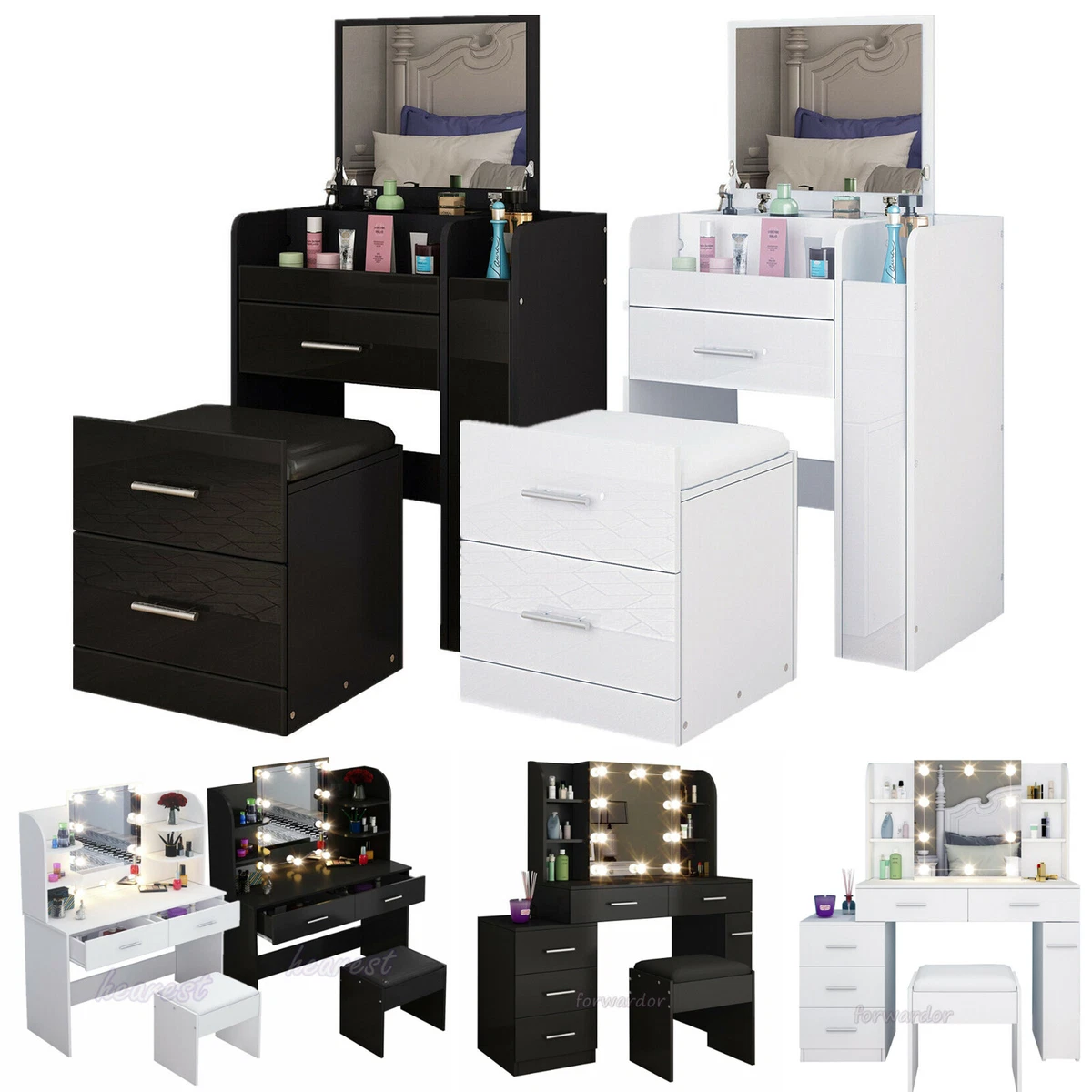 Dressing Table Stool Set with LED Light Drawer Mirror Bedroom Vanity Makeup Desk