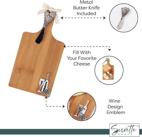 Bamboo Cheese Board with Spreader - Cheese Tray with Grape and Wine Motif - Picture 4 of 5