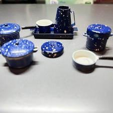 Dollhouse miniatures Blue Enamelware Graniteware Kitchen Cookware Set Lot