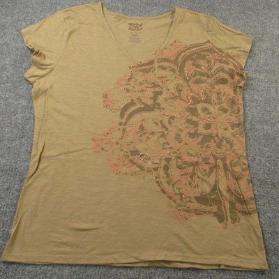 Good Karma Life is Good T Shirt Womens XXL Tan Floral Mandala Organic Fitted