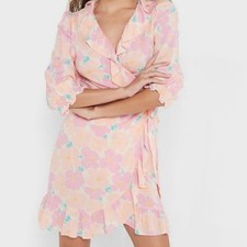 Top Shop Womens Floral Wrap Dress Pastel 6 Ruffle Cottage Core Peach Pink