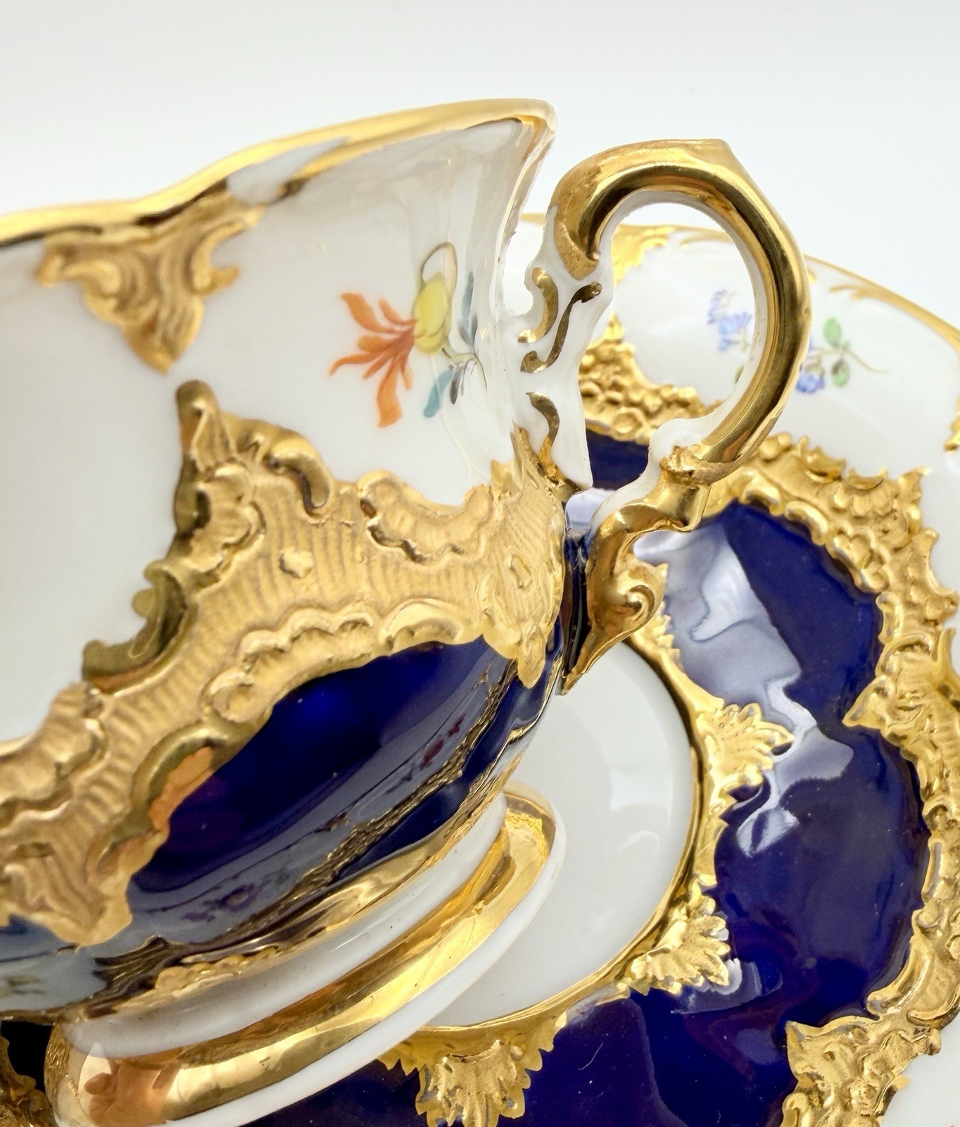 Antique Meissen Cobalt Blue Gold Floral B-Form Demitasse Cup & Saucer; Teacup