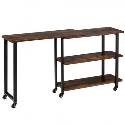 360° Rotating Sofa Side Table with Storage Shelves and Wheels-Rustic Brown - Col
