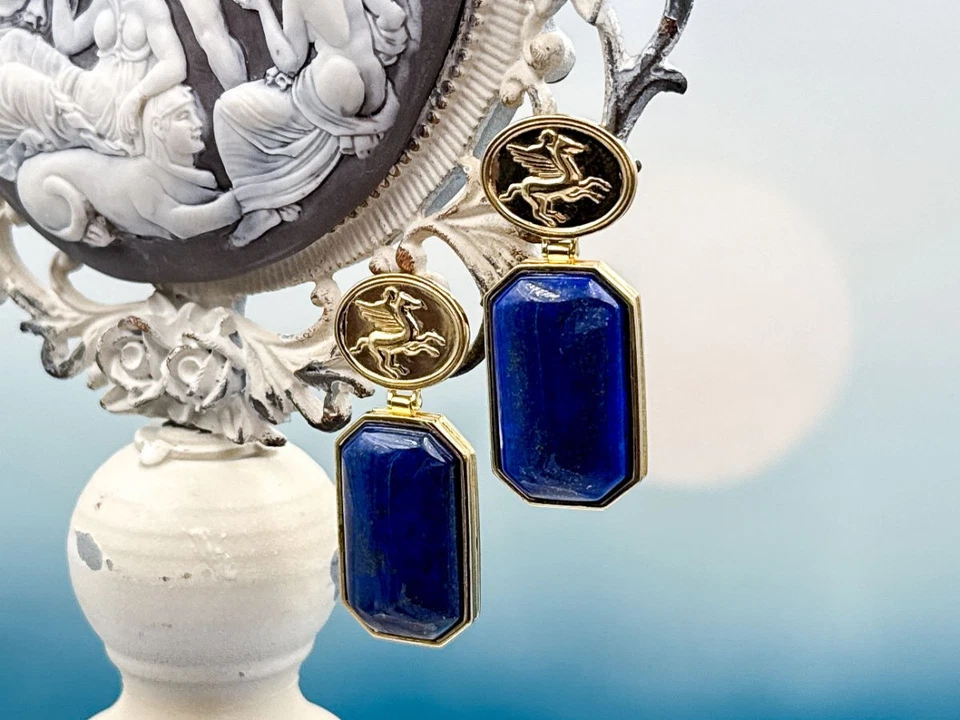 TAGLIAMONTE Designs (2232E-Lapis) 925/YGP Lapis Lazuli Earrings*Pegasus*Reg.$300 - Image 4 of 4