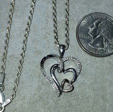 SUN 925 Sterling Silver Genuine Diamond Hearts Pendant/Necklace-18" Chain-8g