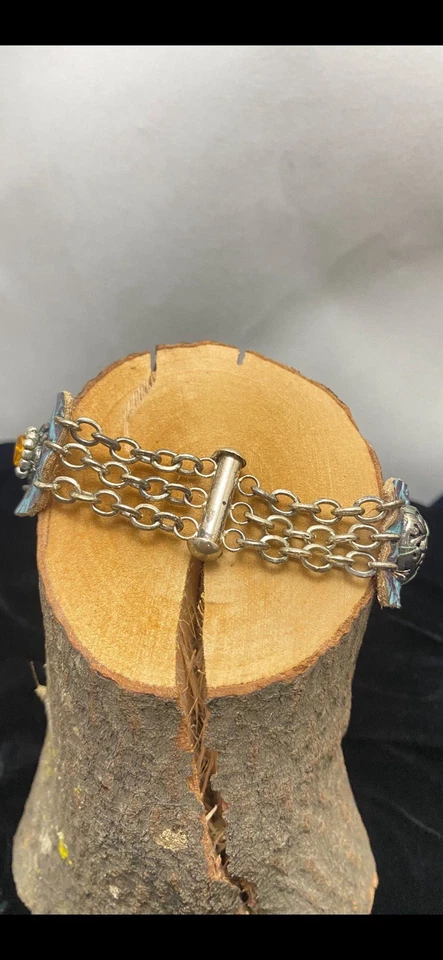 Leather Silver Turquoise Peridot Amber Coral Bracelet Cowgirl Boho - Image 4 of 4