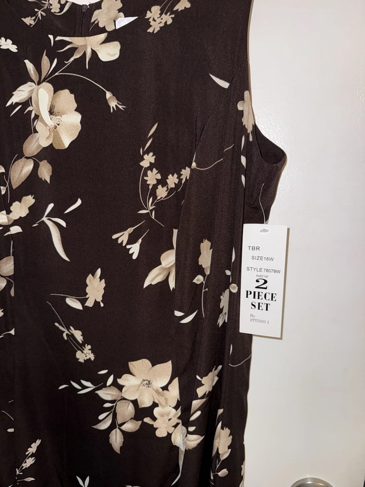 Blazer Studio 1 Para Mujer 2 Piezas Marrón Floral Vestido Tostado Manga Corta Para Mujer 16W Foto 4 de 4