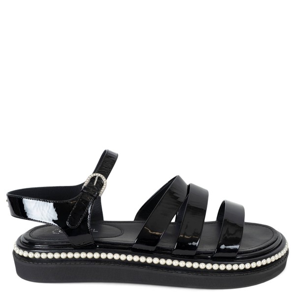 73912 authentische Chanel schwarze Lackleder 17P PERLENBESATZ FLACHE Sandalen Schuhe 41 40