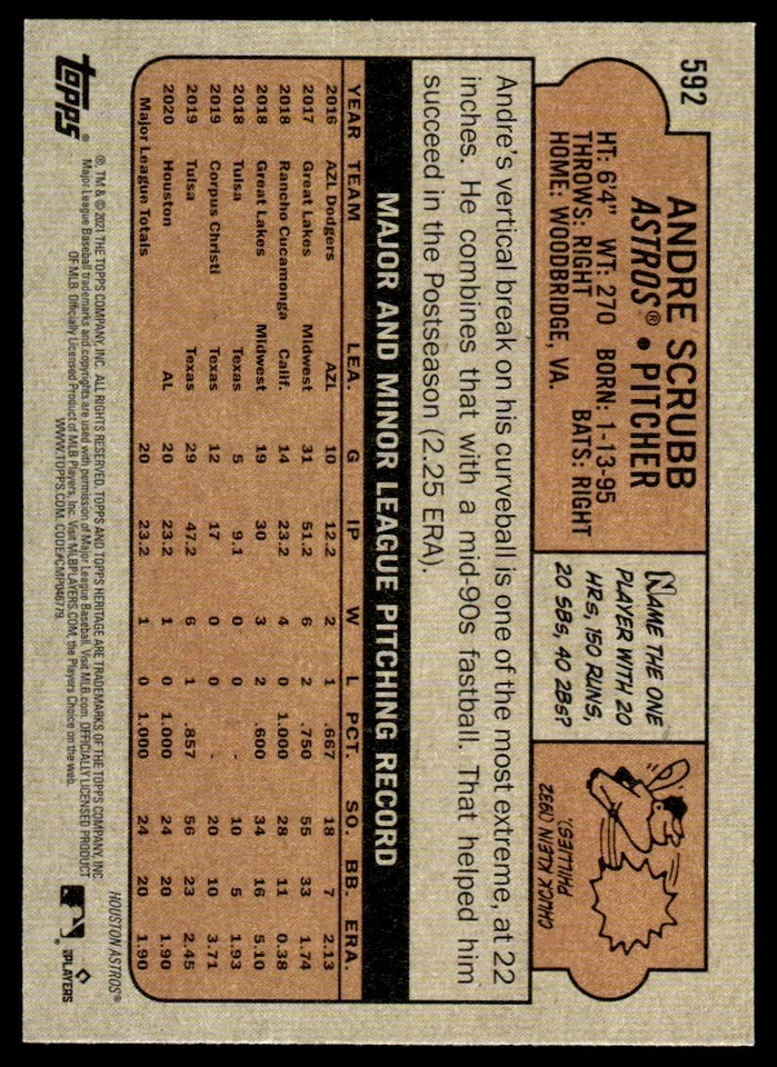 2021 Topps Heritage Andre Scrubb Rookie Houston Astros #592 R137 - Image 2 of 2