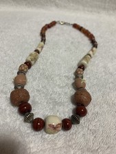 Handmade Beaded Necklace with Ceramic Floral Beads Lava Stones Metal Accents 20
