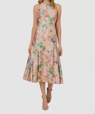 Aidan Mattox Woman's Pink Orange Floral Print Jacquard Midi Dress Size 10 |  eBay
