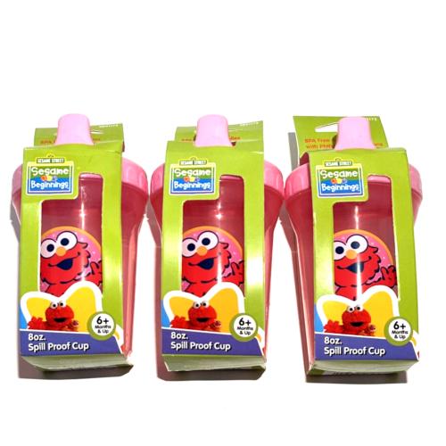 3x Lot Sesame Street Beginnings Elmo Pink Sippy Cups 8oz Spill Proof BPA FREE - Picture 1 of 6